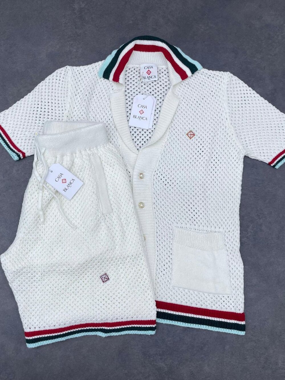 Casablanca Men's White Knit Shirt & Shorts Set- Size Medium